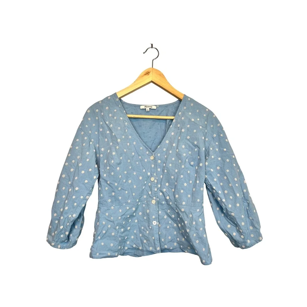 Madewell Blue Polka Dot Cotton Puff Sleeve Peplum Button Front Top L1607 Size 2
